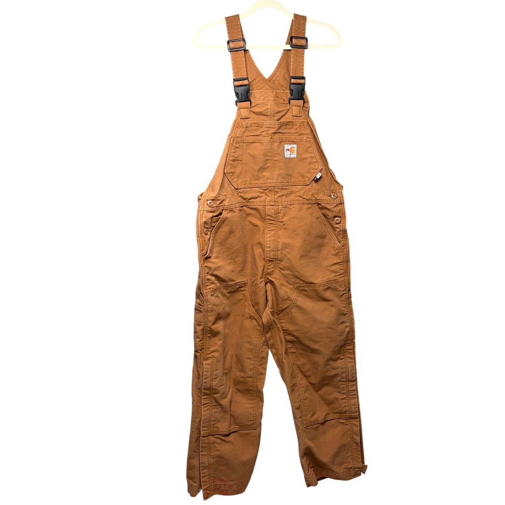Carhartt FR Canvas Bib Overalls Mens 34 X 28 Brown FR44 Double Knee Flame Resist